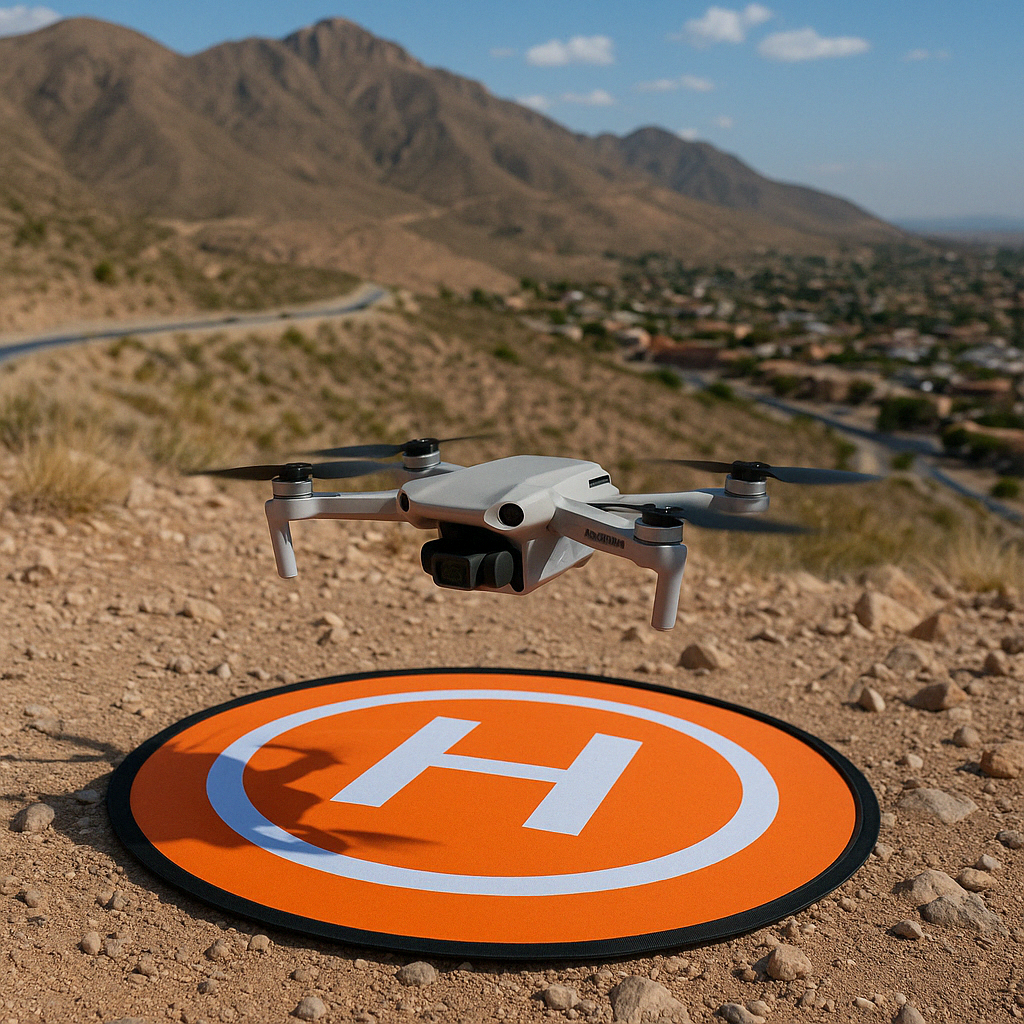 DJI Mini 4 Pro descending onto an orange landing pad in rocky El Paso terrain with mountains in the background