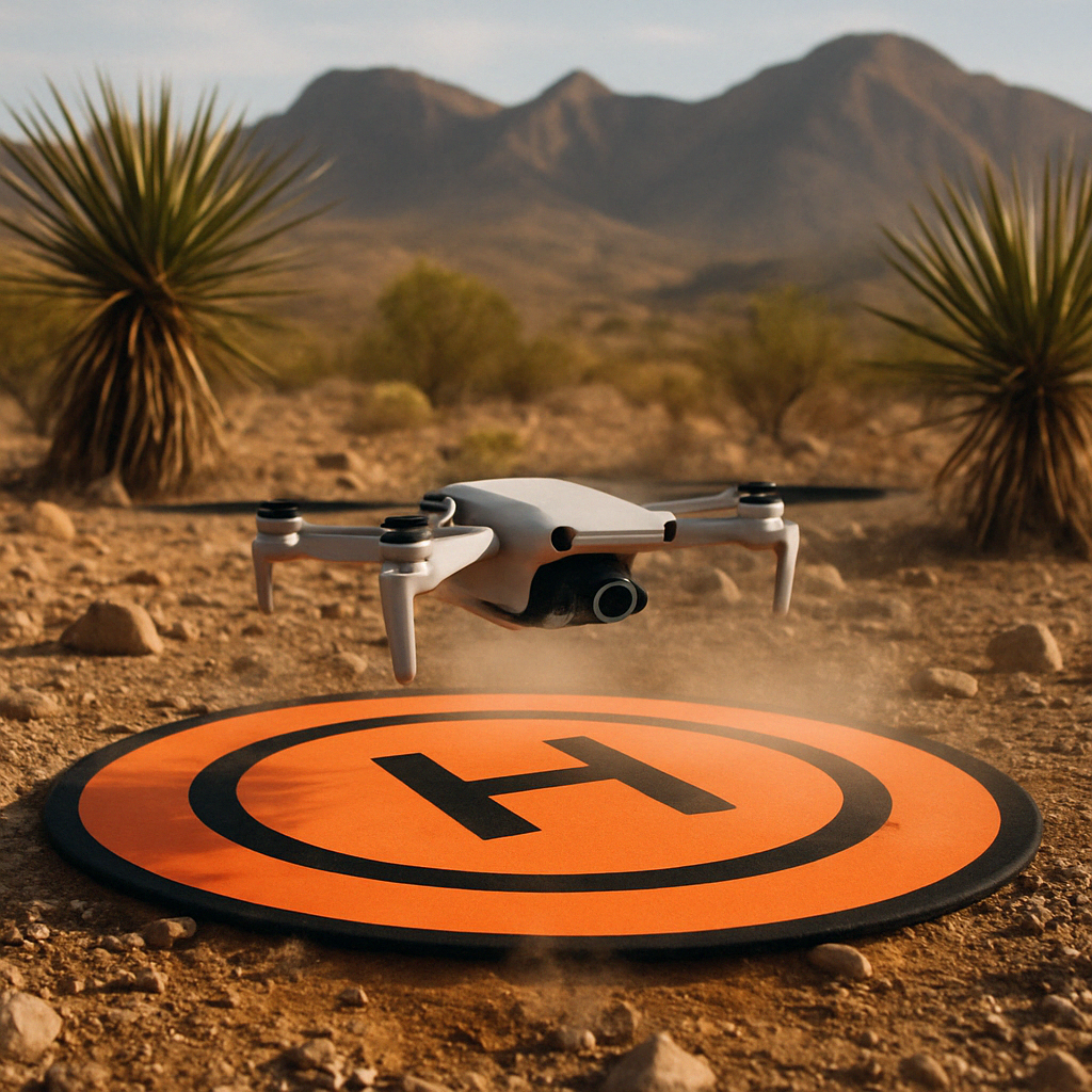 Drone landing on a pad with visible propeller dust kick-up in a desert setting with yucca plants