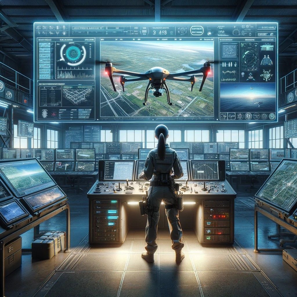 This image further explores the theme of continuous learning and skill enhancement for drone pilots, showcasing a female pilot engaged in analyzing real-time data and performance analytics. Set in a high-tech training room, the scene is equipped with advanced drone technology, emphasizing the importance of technology in developing drone piloting skills.