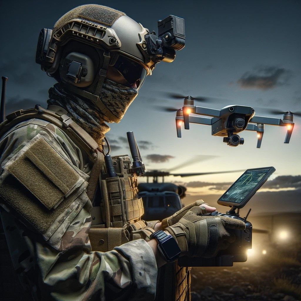Set in rugged terrain at dusk, the scene emphasizes the strategic use of advanced stealth technology in the mini drone for reconnaissance, highlighting the critical role of compact drones in modern warfare and intelligence gathering.
