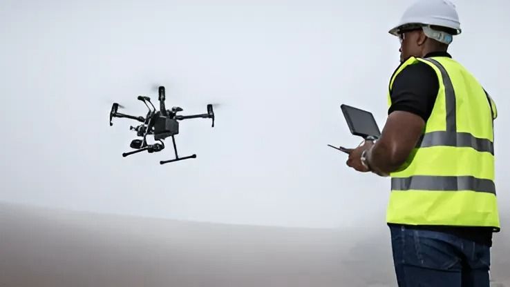 A drone pilot wearing a headset and controlling a drone with a remote controller. The drone is flying in the air against a blue sky backdrop. This scene represents educational development in Career and Technical Education (CTE) through drone technology.