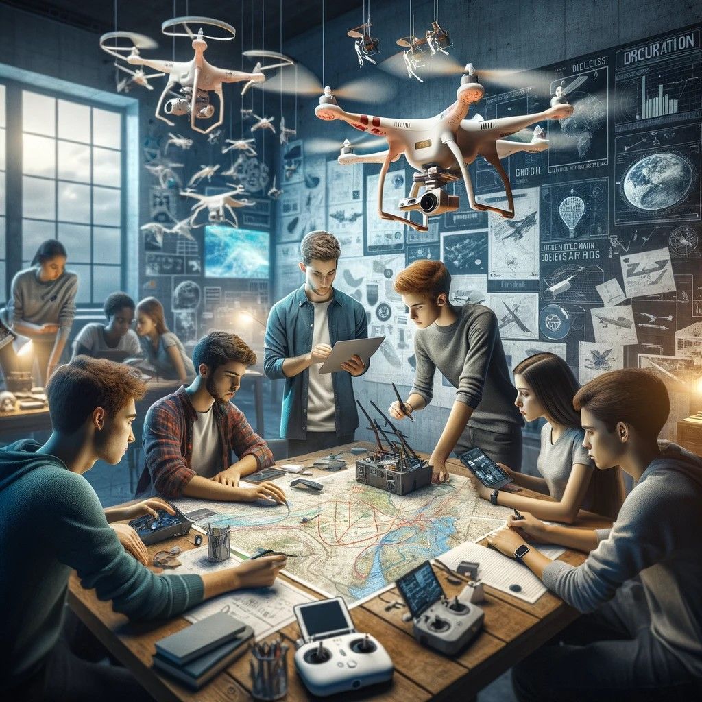 The image vividly illustrates the educational impact of drones beyond just technical skill development, focusing on how they also enhance problem-solving abilities. It depicts a group of students engaged in planning a drone mission, using maps, laptops, and drones to strategize and overcome obstacles.