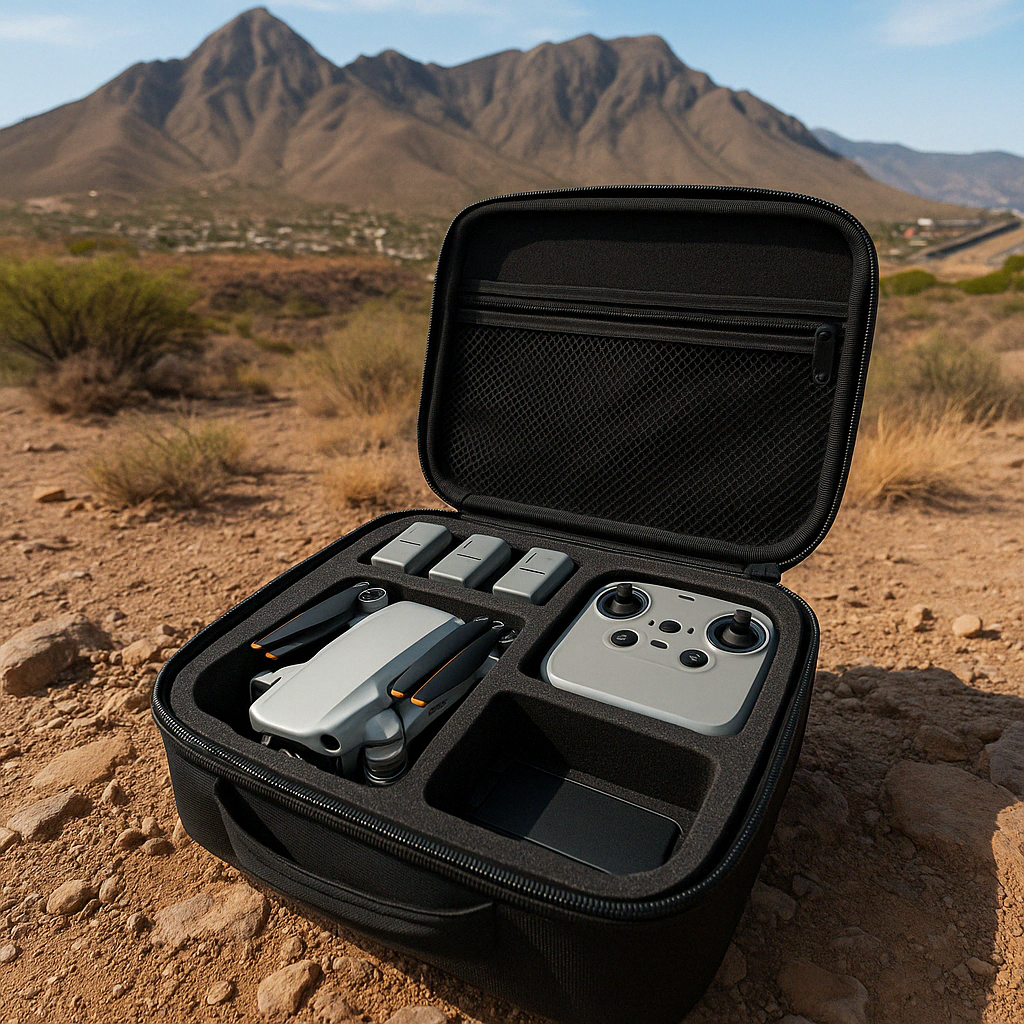 Open protective drone case showing DJI Mini 4 Pro, controller, and accessories on rocky ground in El Paso