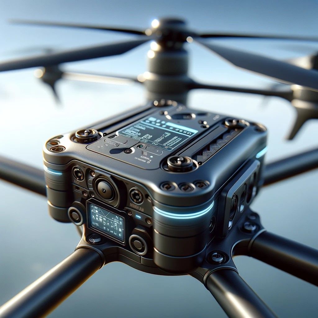 A close-up view of the Drone Remote Identification Module, showcasing its sleek design and how it integrates with the drone. This artistic representation highlights the module's compactness and technological sophistication, emphasizing its role in ensuring safety and compliance in modern aerial vehicles.