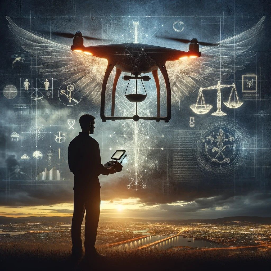 The image captures the theme of ethics and responsibility in the realm of drone operation, presenting a drone operator as a silhouette against a backdrop of a dramatic sky, with a drone hovering above. Symbolic elements like a balance scale embody justice and ethical considerations, while digital overlays hint at the significant weight of decision-making involved.