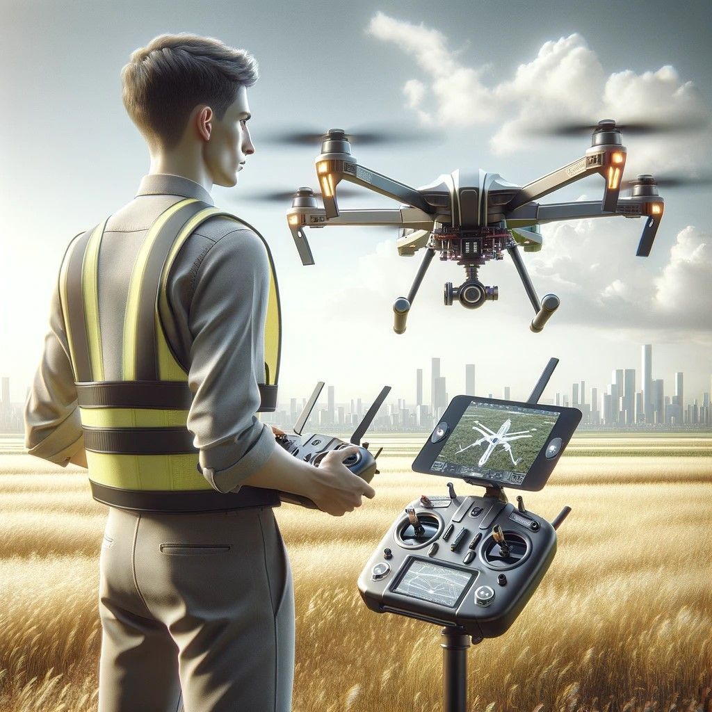 The pilot is shown in an open field, demonstrating a sleek, state-of-the-art drone equipped with advanced features and design elements. The reflective safety vest and professional drone controller emphasize safety and the high level of technological sophistication in modern drone piloting.