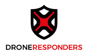 Logo for Drone Responders: Black shield with a red and black drone-like design. Below, the text