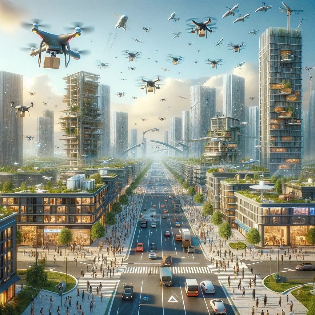 The image portrays a drone-driven future, capturing a bustling urban scene where drones are integral to daily activities and societal functions. It showcases drones delivering packages, aiding in construction, monitoring traffic, and providing emergency services, all within a cityscape that embraces this advanced technology.