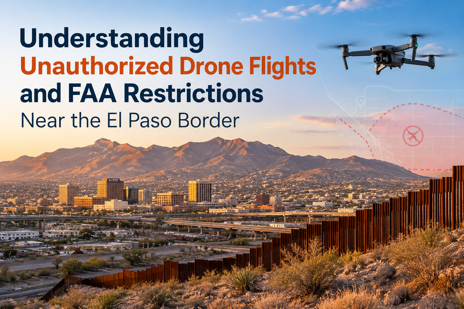 El Paso skyline and border fence with FAA drone restrictions headline.