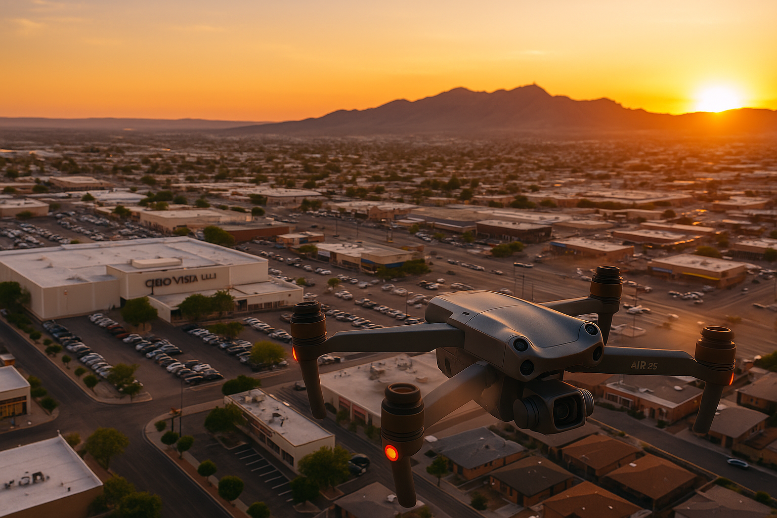 Drone hovering at low altitude over Cielo Vista Mall area, capturing El Paso commercial real estate