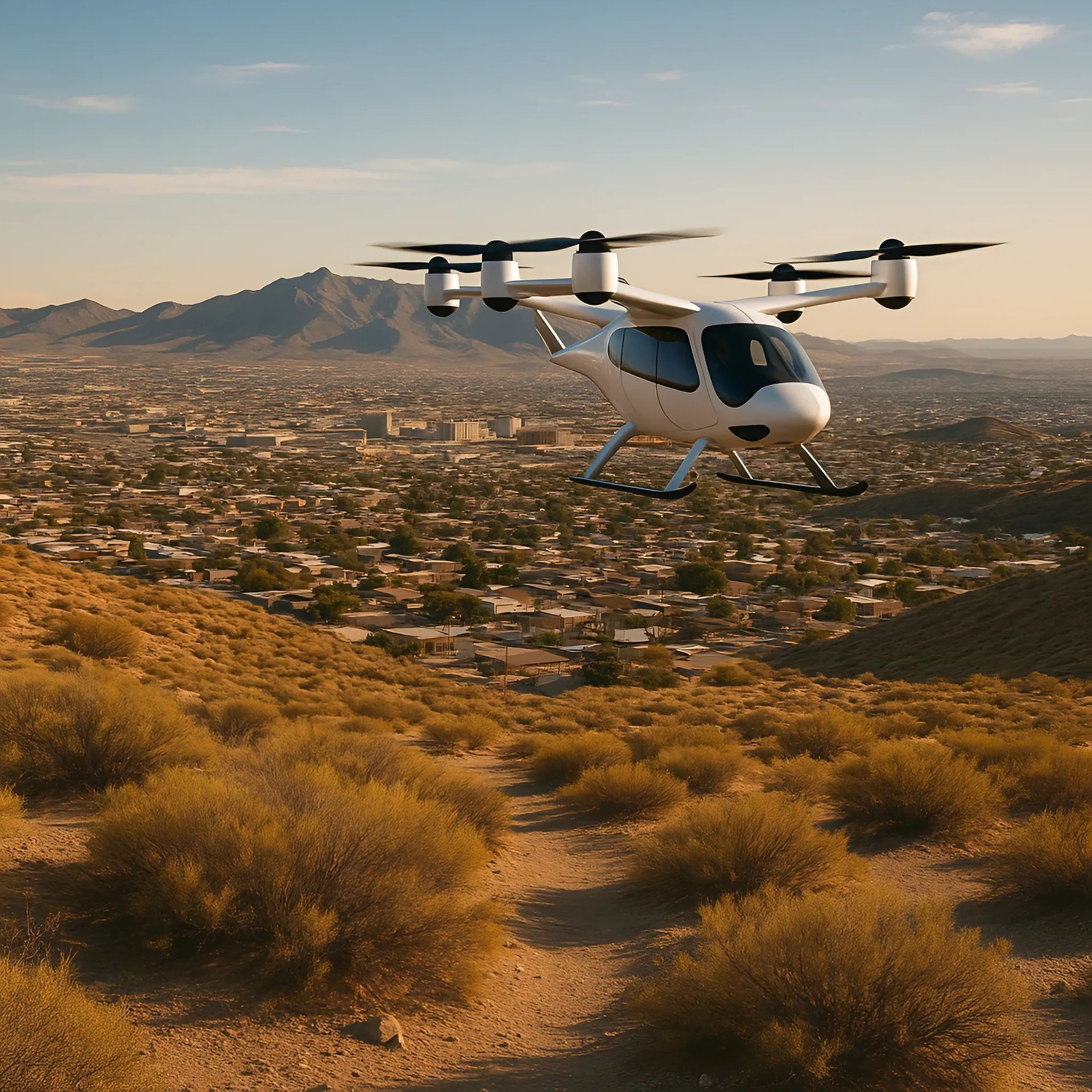 Electric eVTOL aircraft flying over desert terrain during test operations for advanced air mobility