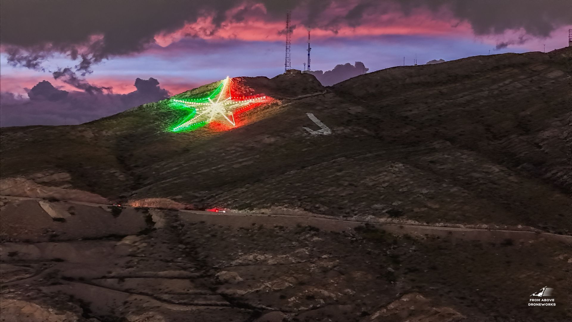 El Paso Star illuminated on the Franklin Mountains overlooking the city near the U.S.–Mexico border.