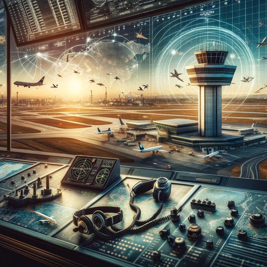 A scene that captures the spirit of aviation regulation and oversight, symbolizing the essence of organizations like the Federal Aviation Administration. The image features a control tower, a radar screen tracking flights, and elements representing safety and global aviation oversight.