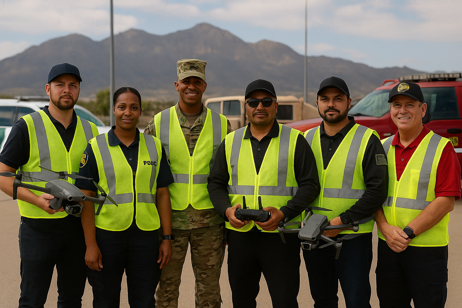 Diverse El Paso drone pilots in reflective vests with public safety vehicles