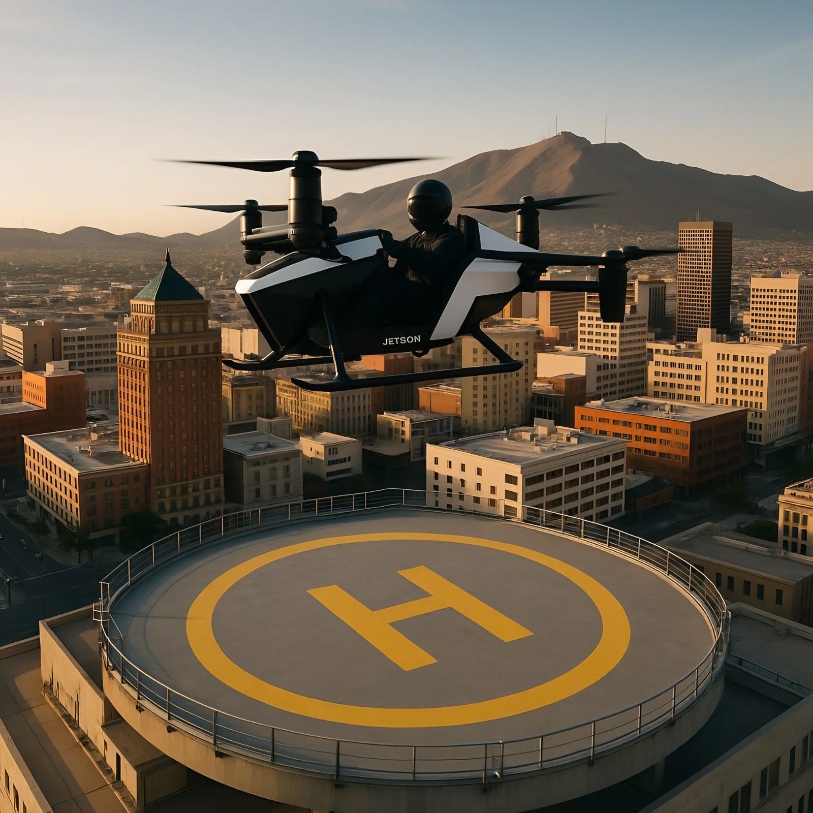 Jetson One eVTOL aircraft hovering above urban landing pad during advanced air mobility test