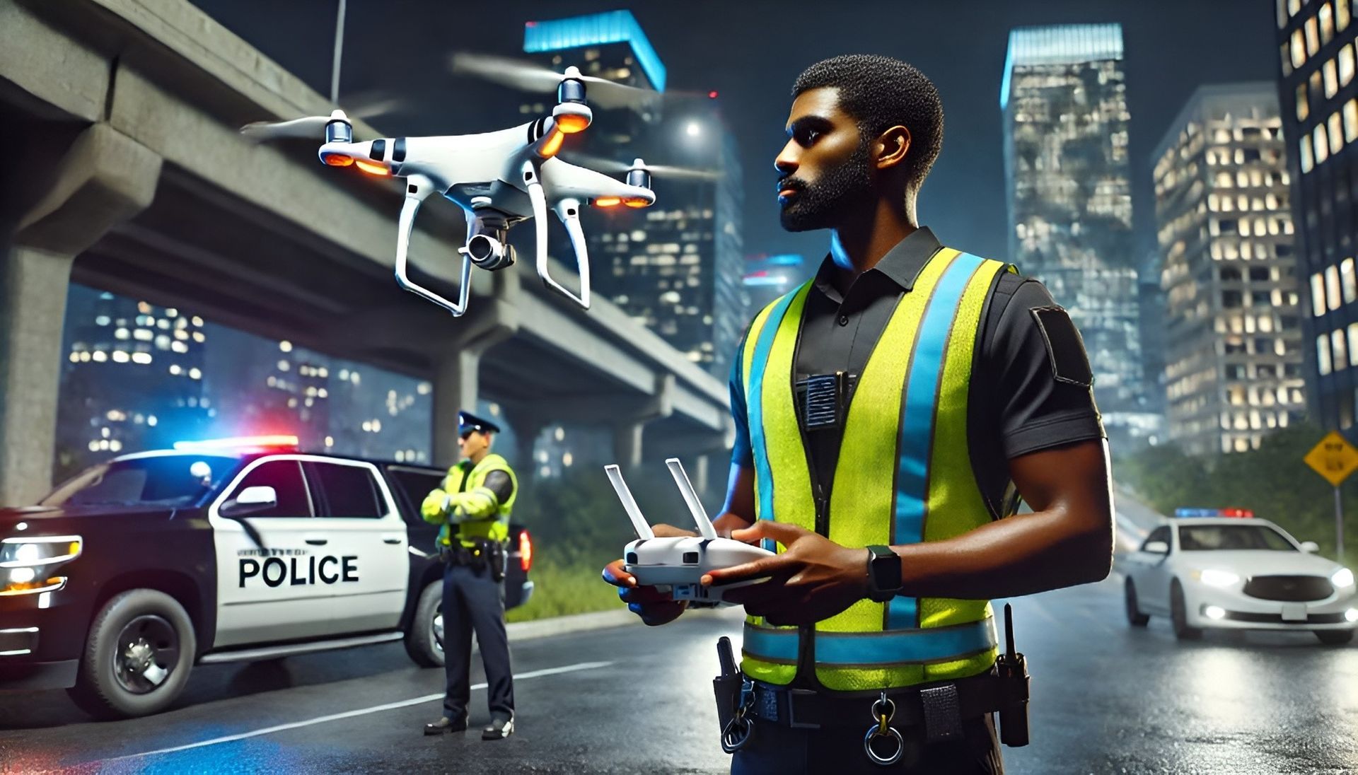 A police officer flying a drone in El Paso, using a remote control with a patrol car in the background.