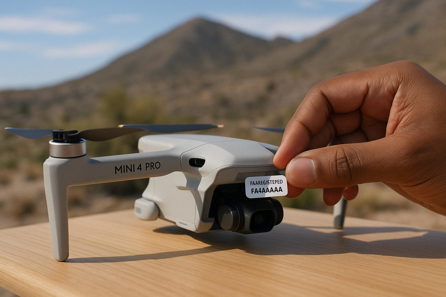 Drone pilot applying FAA registration sticker under a DJI Mini 4 Pro