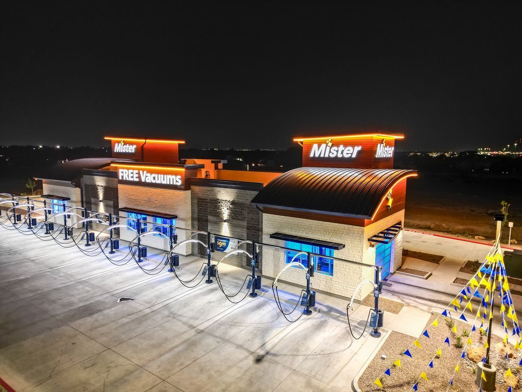 Drone photo of Mister Car Wash grand opening event.