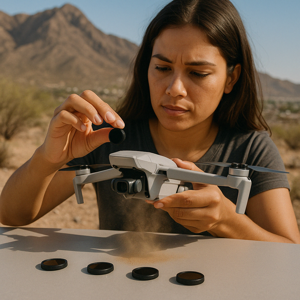 Drone pilot applying an ND filter to a DJI Mini 4 Pro with filter set on the table in front of her