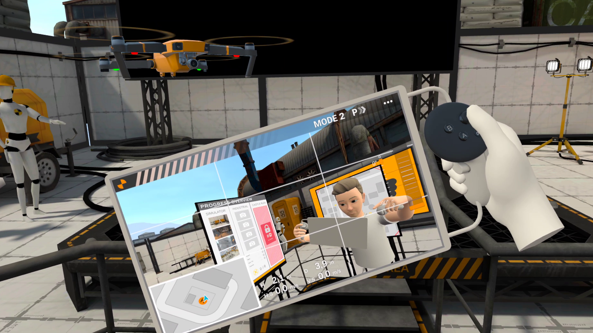 Simulated drone controller interface showing flight data and camera view
