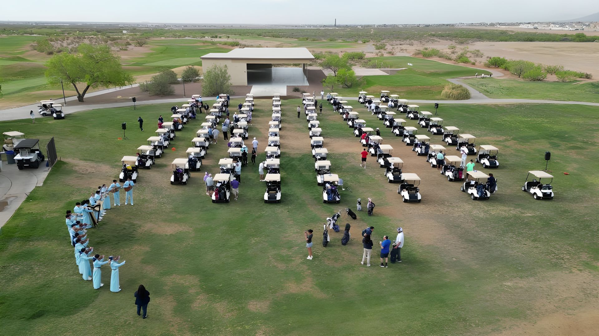 Aerial drone photo capturing an outdoor event in El Paso, providing a panoramic view of the venue and attendees.
