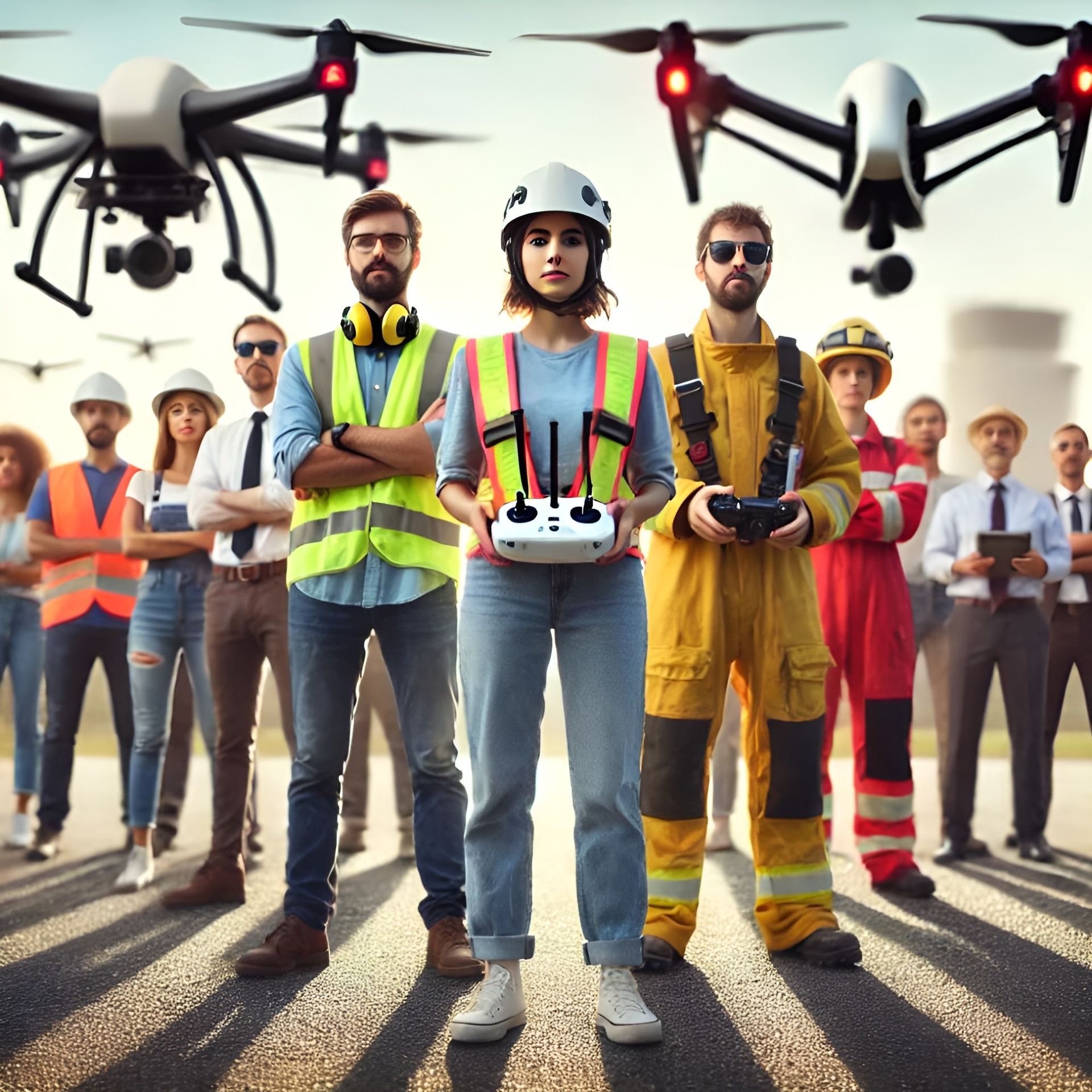 FAA Part 107 Online Course Thumbnail: Diverse group of professional drone pilots flying drones under a bright sky.