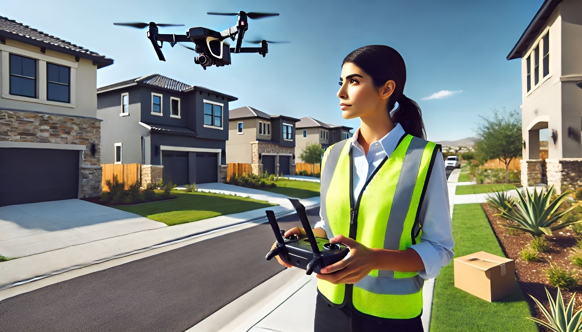 Operator flying a drone over a residential neighborhood in El Paso, capturing aerial views of homes and streets.