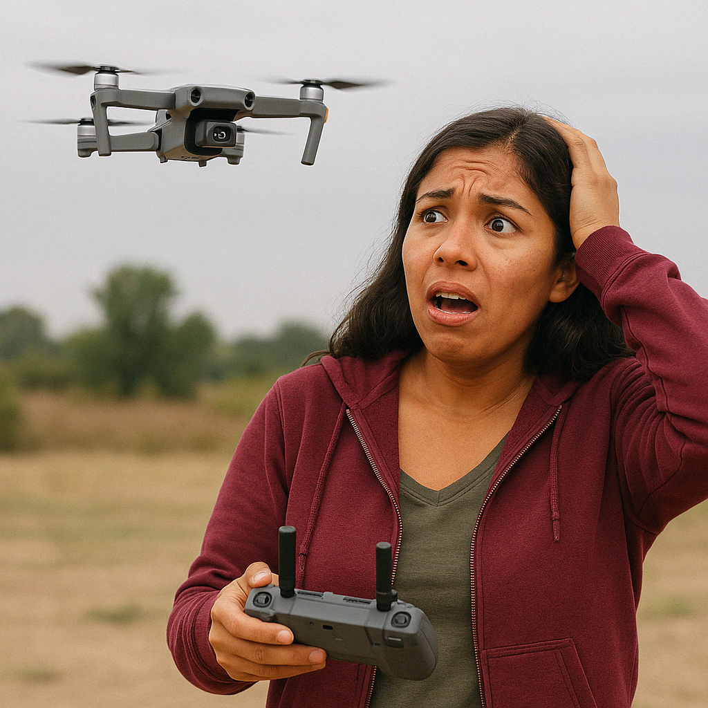 A woman is holding a remote control while a drone flies in the background.