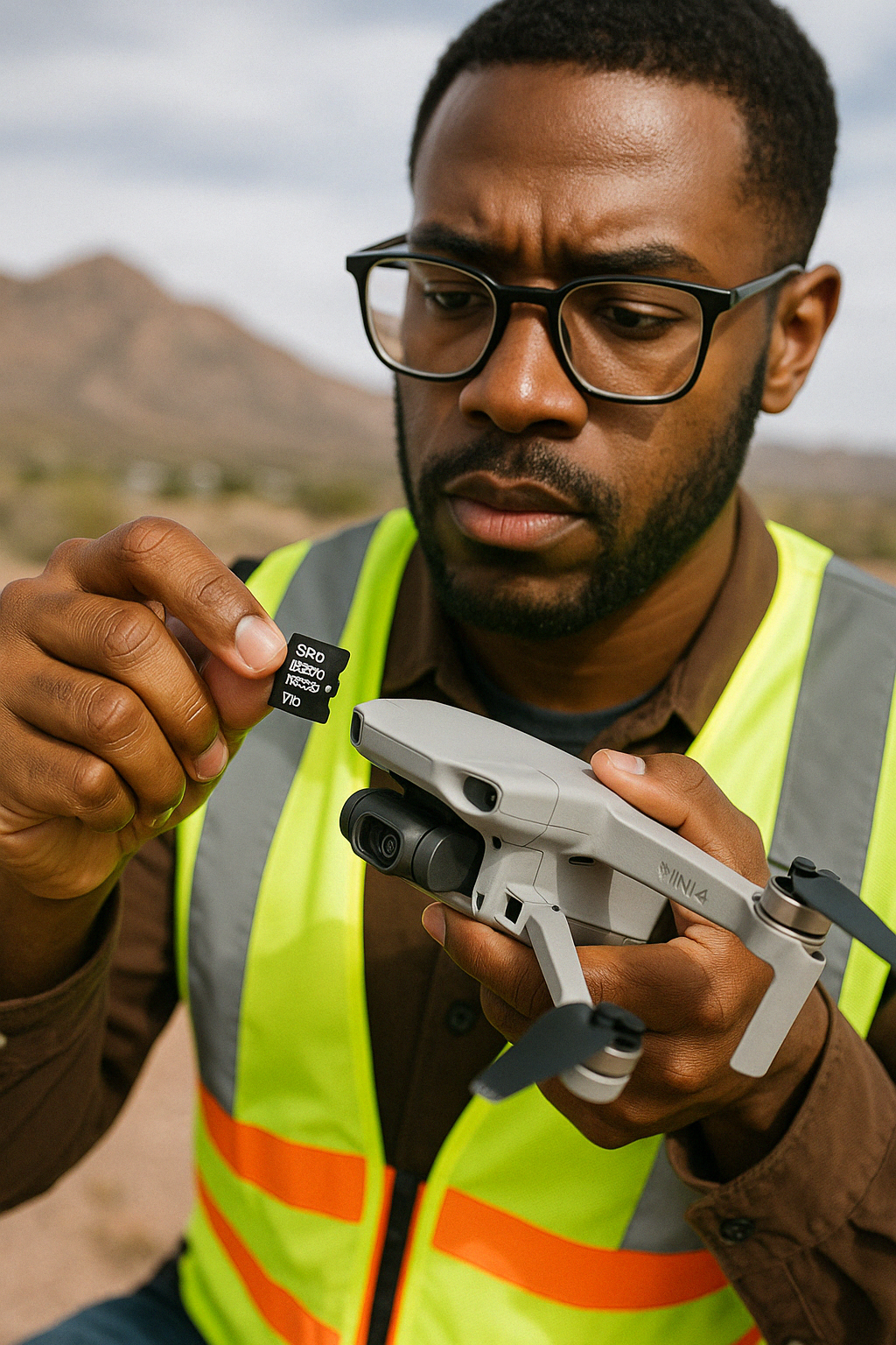 Drone pilot in a safety vest inserting a high-speed microSD card into a DJI Mini 4 Pro in El Paso