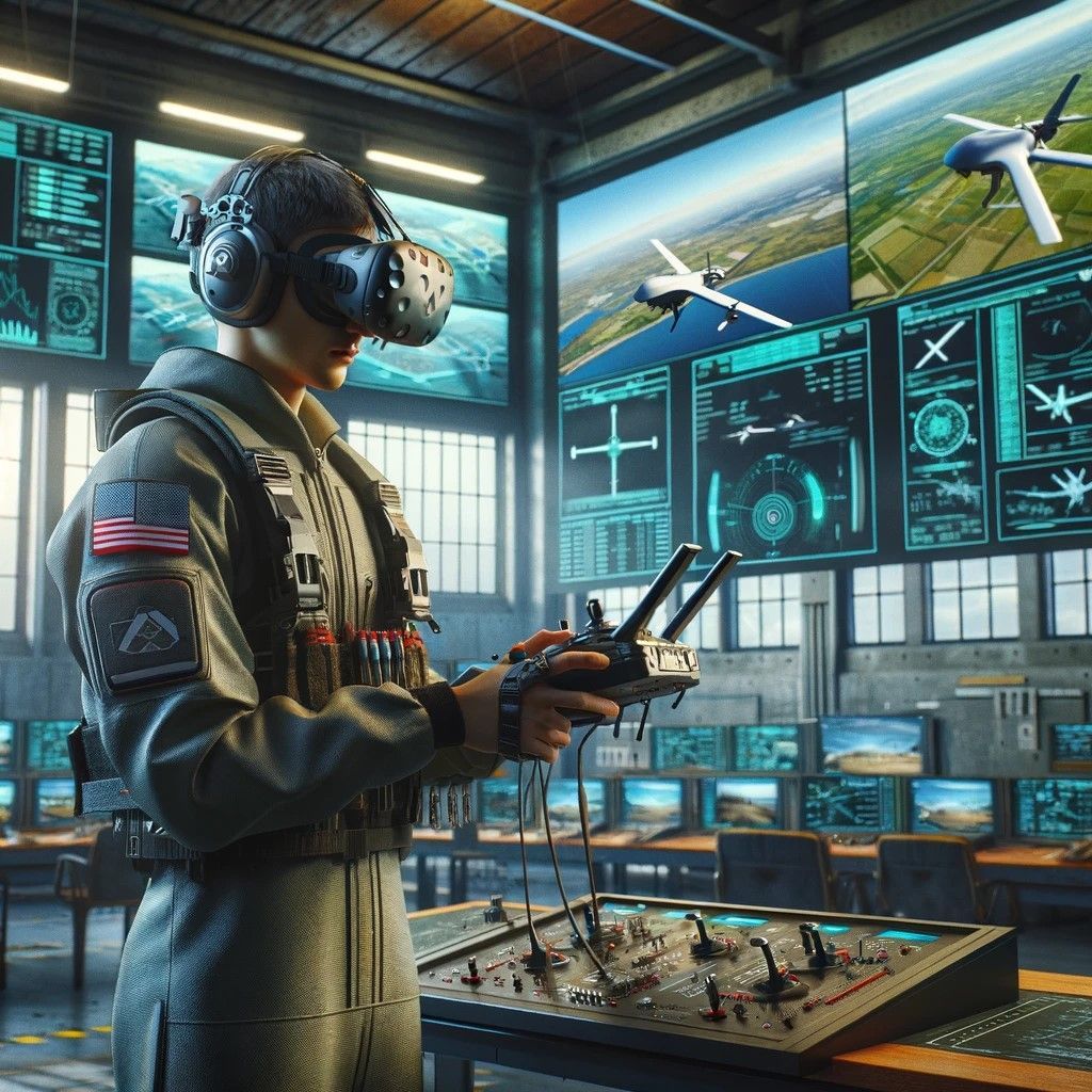 The image vividly illustrates the concept of continuous learning and skills upgrading for a drone pilot, set within an advanced training facility. The pilot, dressed in a professional flight suit, is immersed in a virtual reality simulation, surrounded by screens that display a variety of drone flight scenarios. This setting, equipped with state-of-the-art technology, underscores the significance of ongoing education and practice in achieving mastery in drone piloting.