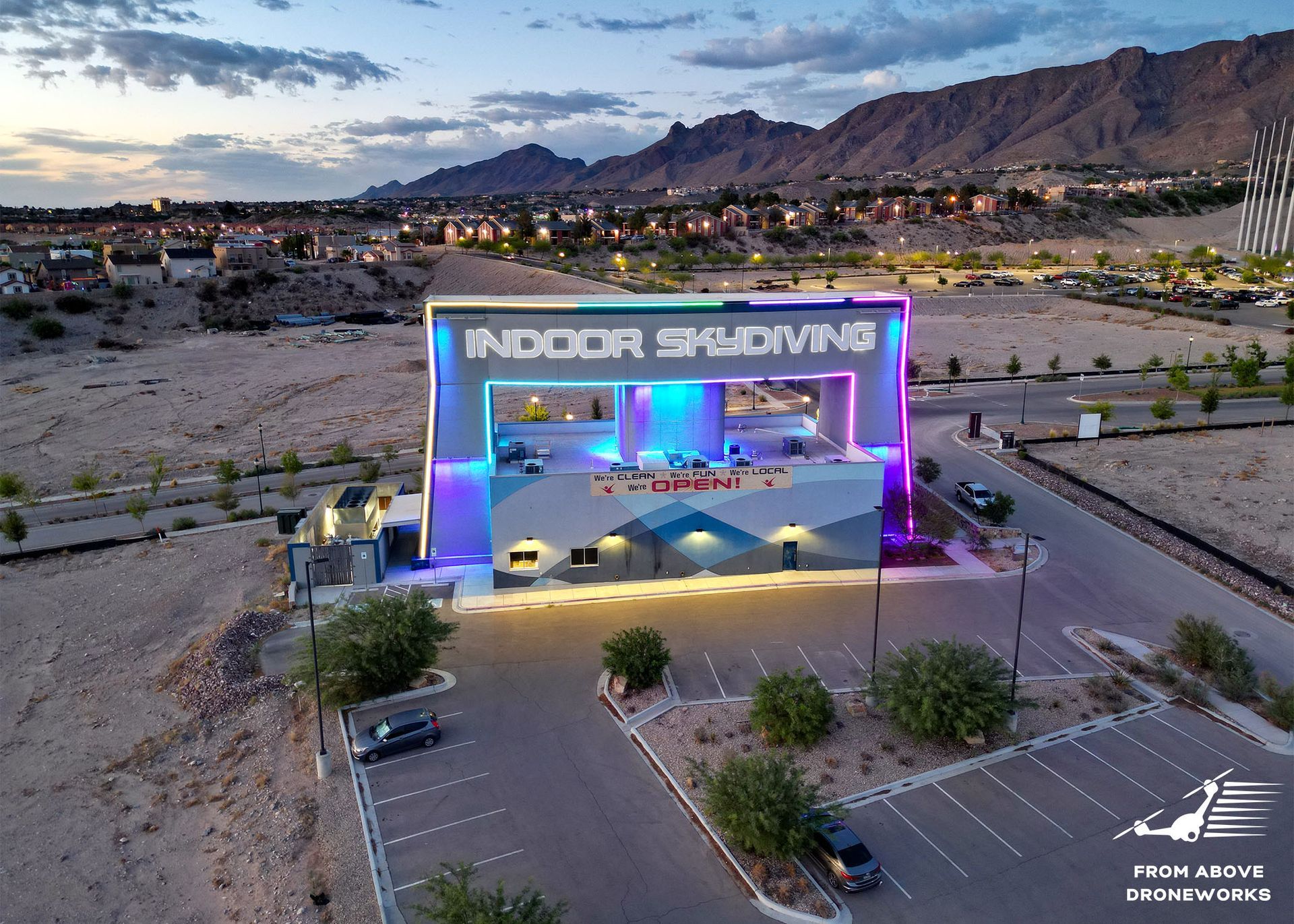 An aerial image capturing the exterior of iFly El Paso during sunset. 