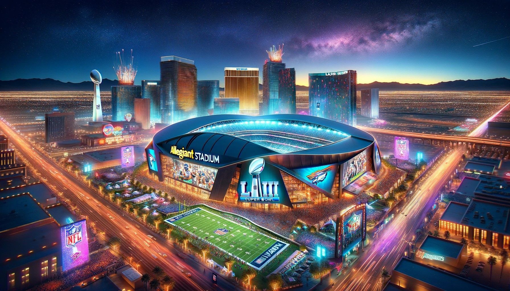 This image captures the unique mix of sports and entertainment that only Las Vegas can offer for such a grand event.