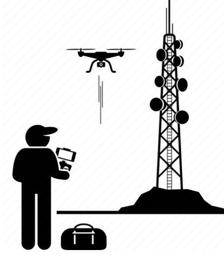 Professional drone operator conducting an inspection in front of a tall tower.