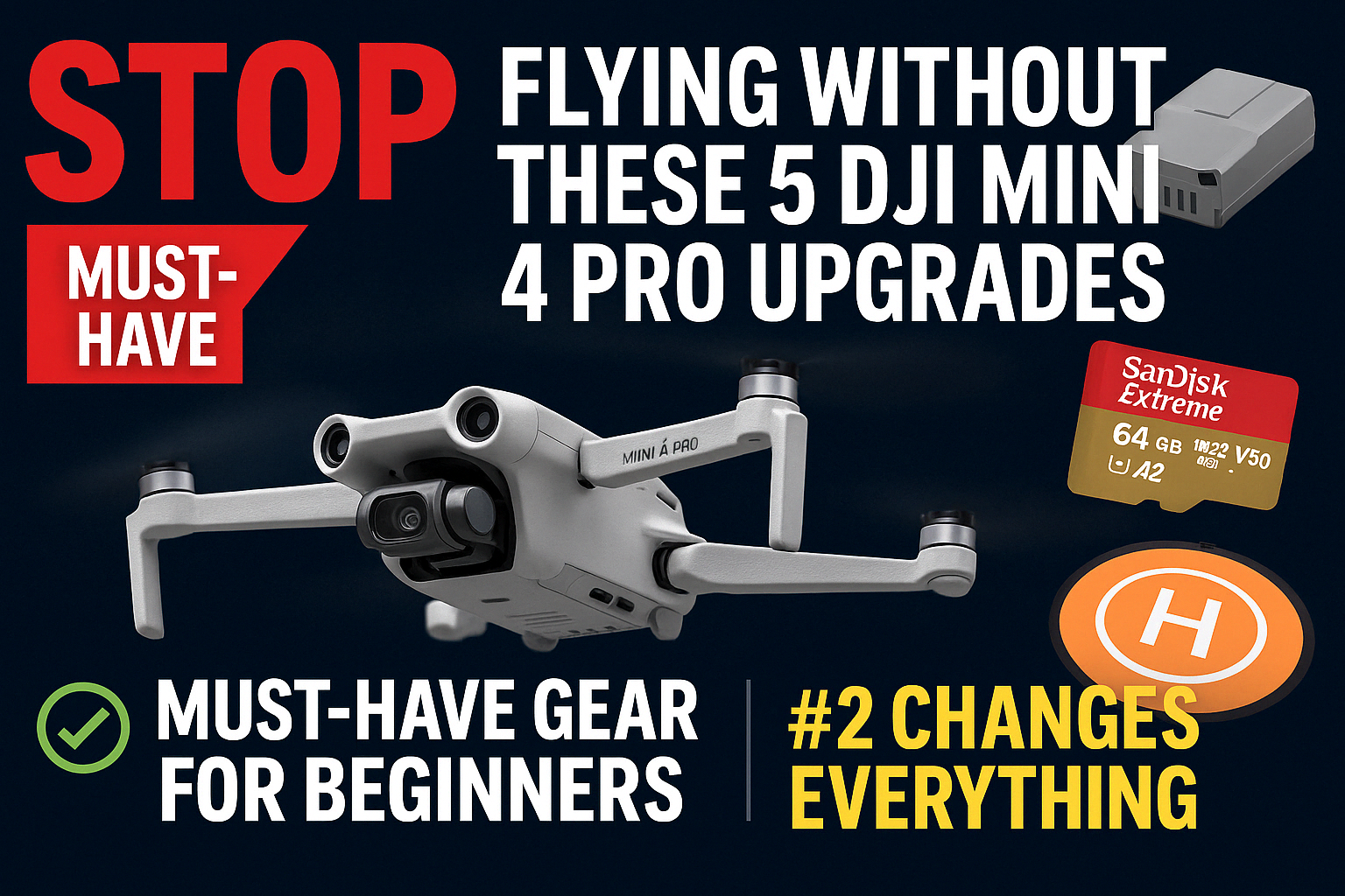 DJI Mini 4 Pro beginner accessories with battery, SD card, and landing pad