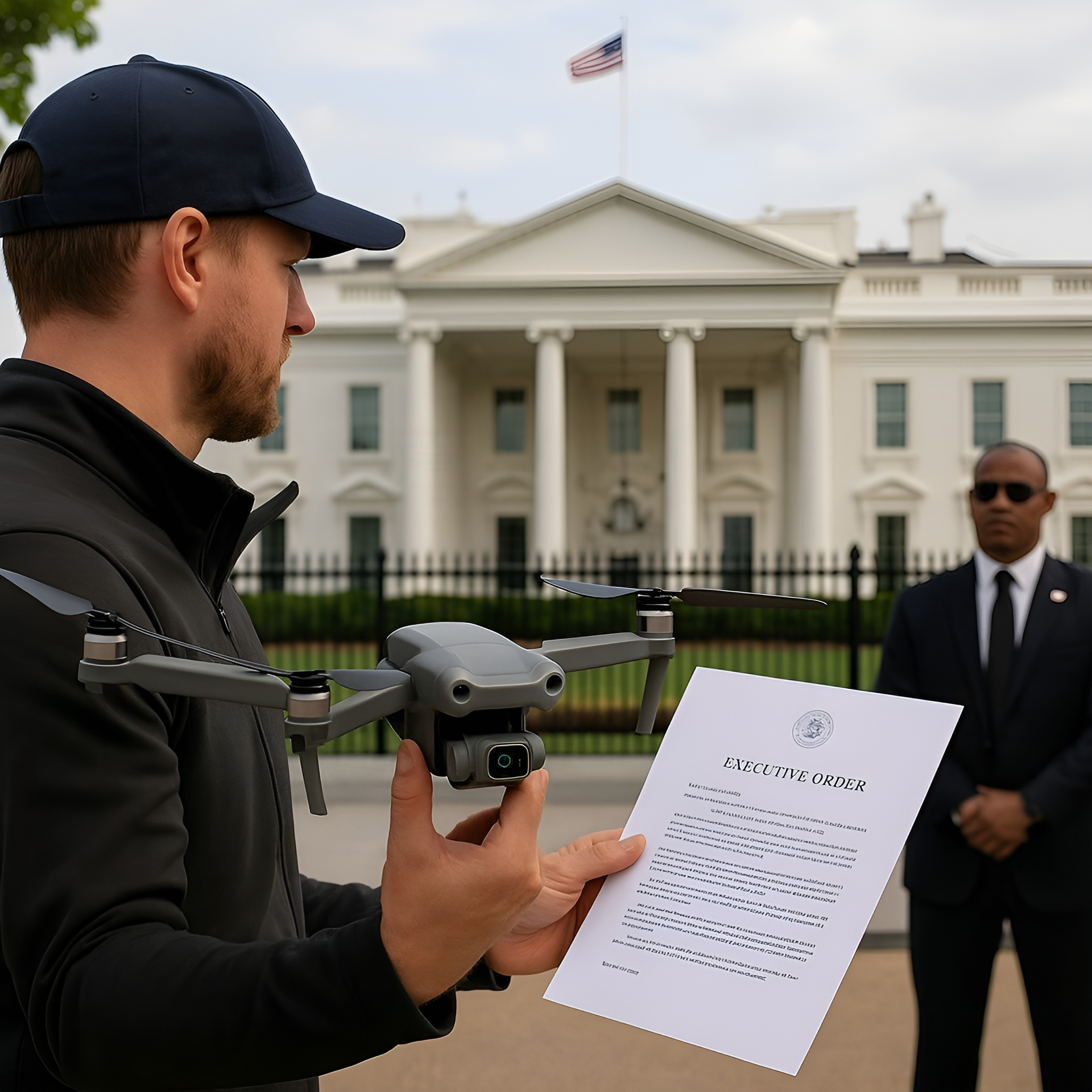 Drone pilot with quadcopter and 2025 Executive Order at White House.