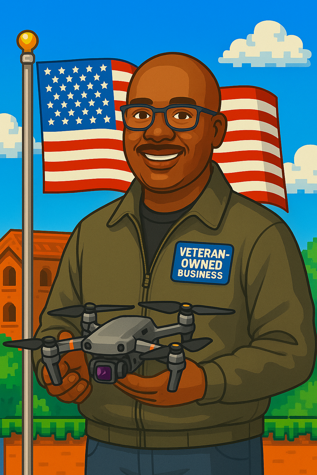 Smiling veteran holding a drone controller in pixel art style