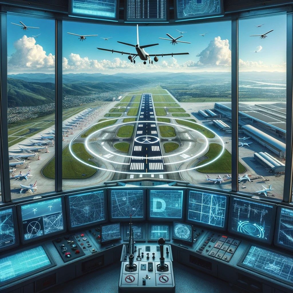 An image depicting the view from an air traffic control tower, focusing on a drone no-fly zone around an airport. The perspective showcases the airport runways and infrastructure, with the no-fly zone for drones clearly marked, illustrating the technology and vigilance air traffic controllers use to manage airspace and enforce restrictions.