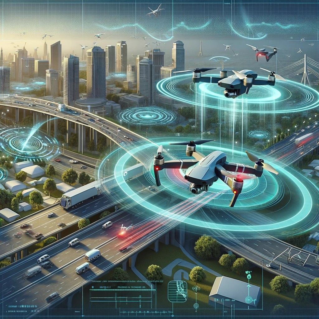 Image illustrating drone collision avoidance technology in action. Two drones navigate closely within an urban landscape, demonstrating the advanced sensors and radar systems used for detection and avoidance.