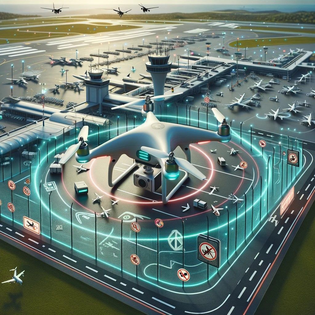 An image that illustrates drone safety near airports, highlighting the importance of avoiding restricted airspace. The image features a drone equipped with geofencing technology, depicted outside the no-fly zone around an airport, with visual cues emphasizing compliance and caution.