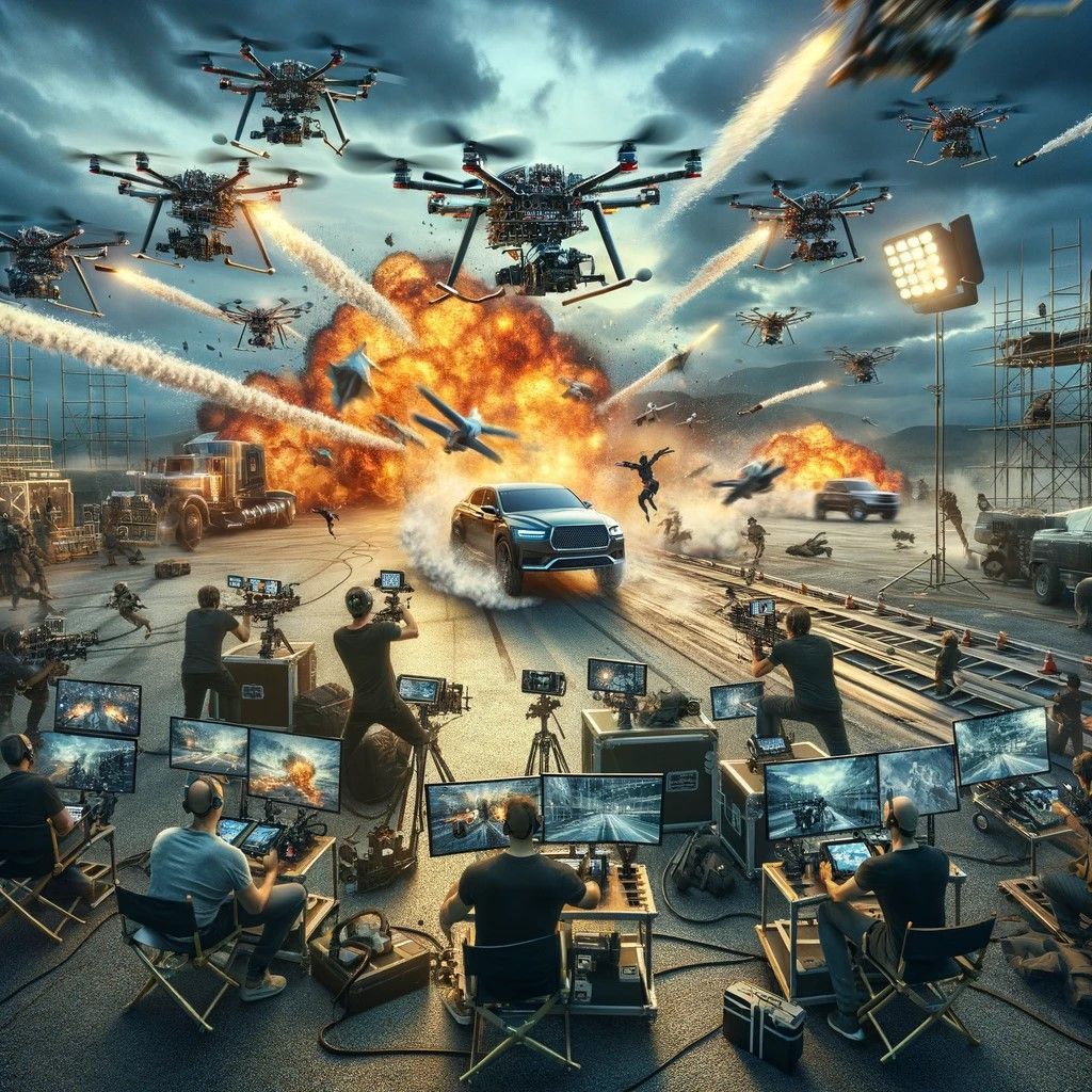 The image captures the dynamic use of drones in the filmmaking industry, particularly for shooting Hollywood action sequences. Set on an expansive outdoor movie set, it features drones capturing a car chase, a fight scene, and an explosion, showcasing the drones' capability to film from various angles and distances.