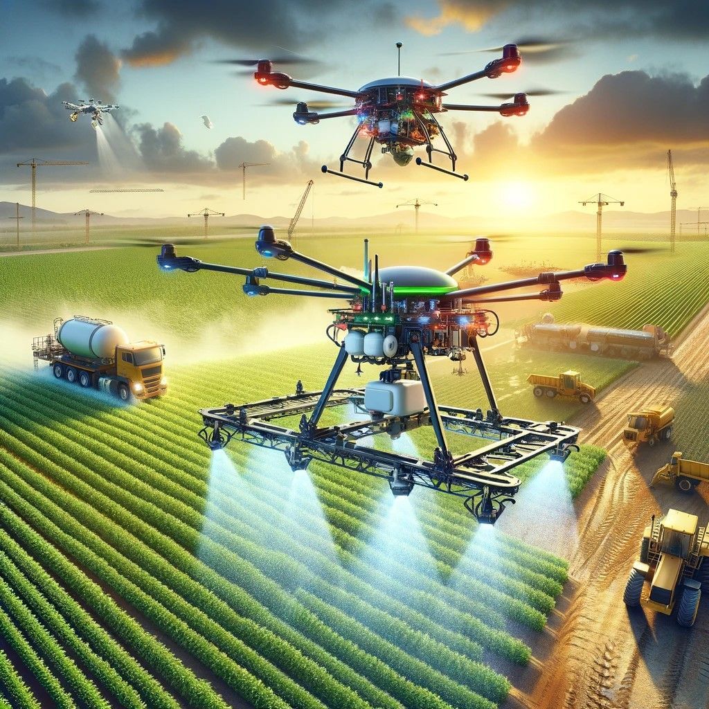 The image showcases industry-specific drones for agriculture and construction, highlighting their innovative applications.