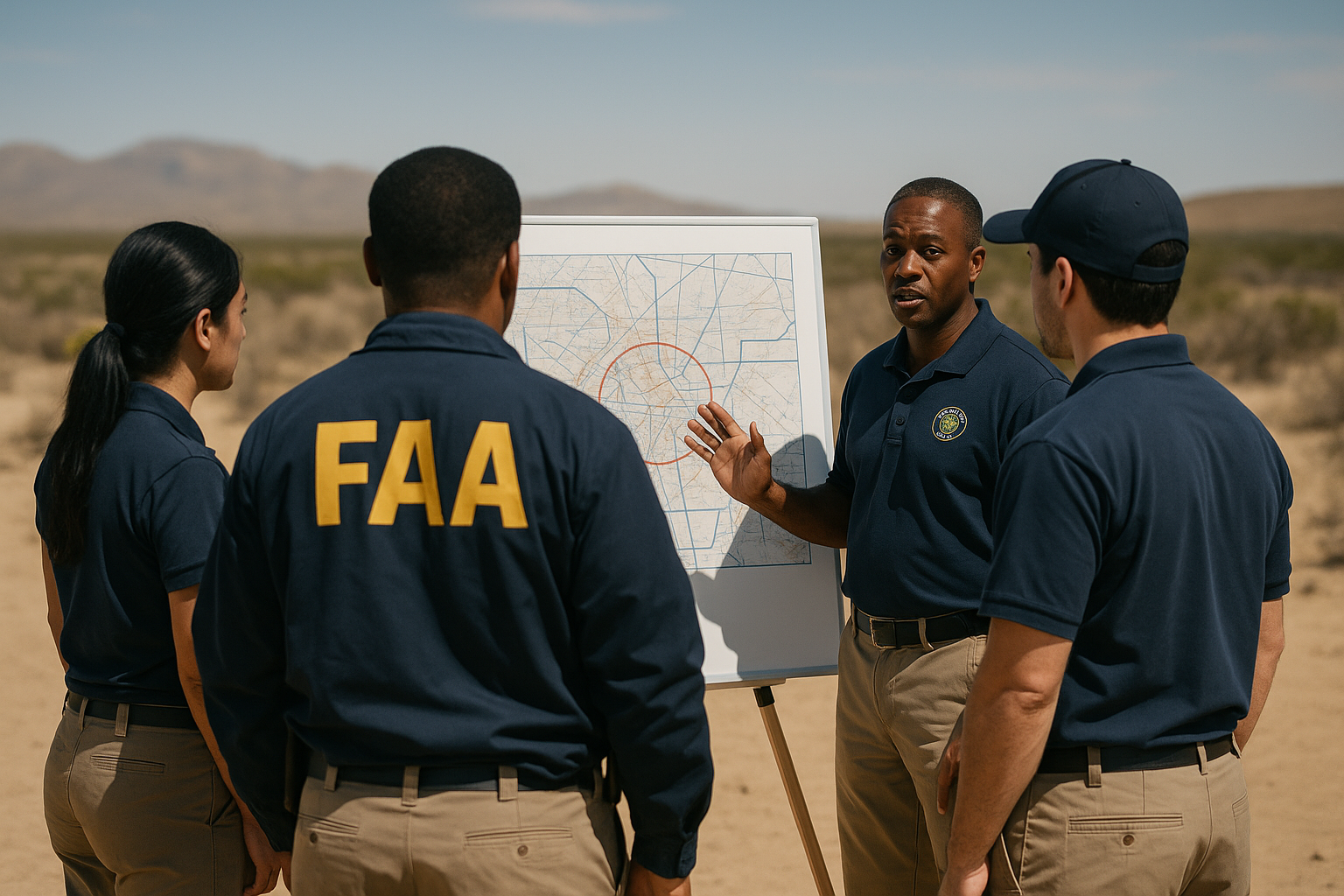 FAA official instructing public safety drone pilots on controlled airspace procedures with a live airspace map on screen.