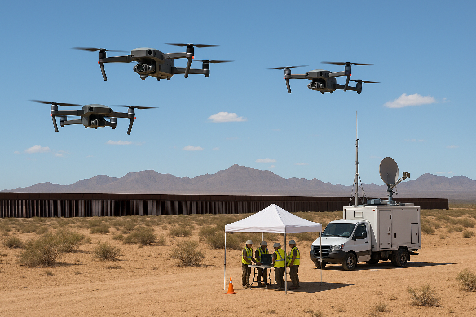 FAA drone monitoring team conducts a field operation with mobile detection equipment and three UAVs flying overhead during a daytime test near Santa Teresa, NM.