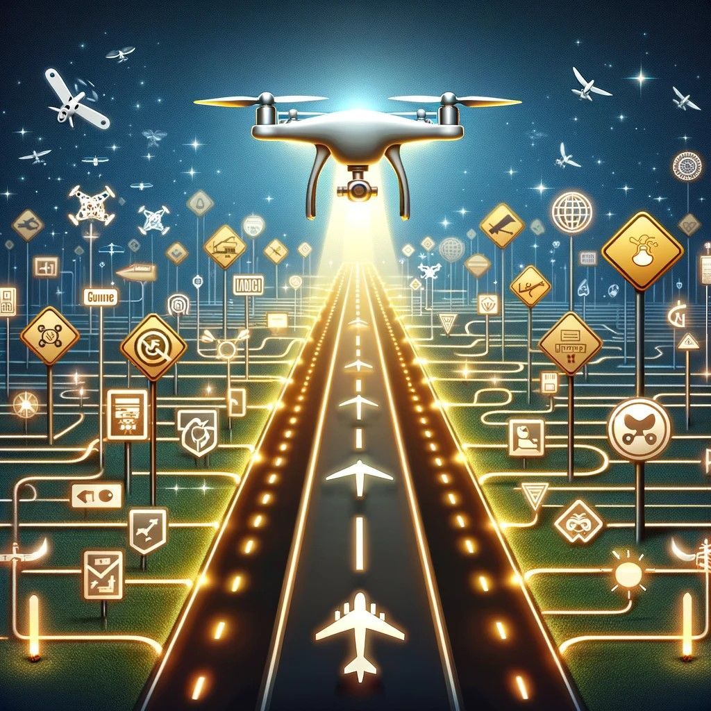 The image features a clear, open pathway through symbolic representations of drone laws and guidelines, with signposts and navigational aids providing direction and support.