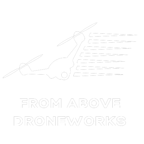 From Above Droneworks logo, showcasing a swift-flying drone, representing premier El Paso Drone Service with sleek design and dynamic motion trails for efficiency and agility.