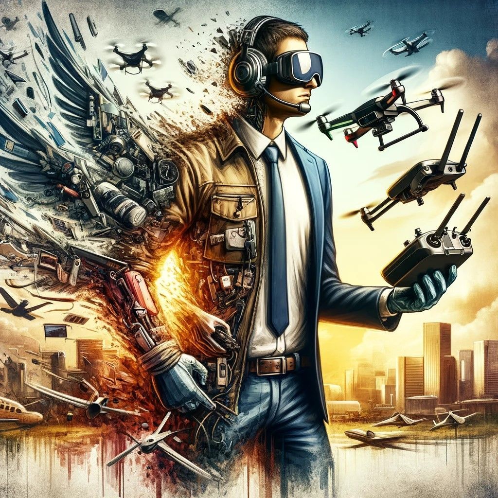 An image that visualizes the concept of a person transforming into a drone pilot. The transformation is dynamically depicted, blending human characteristics with elements of drone pilot gear, such as a headset, gloves, and a controller. The background merges everyday life with the thrilling world of drone flying, conveying a sense of adventure, technology, and the transformative journey from ordinary to extraordinary as a drone pilot.