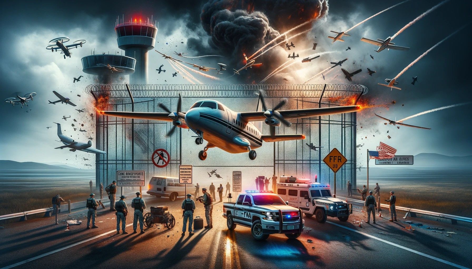 Image symbolizing the dangers and penalties associated with dodging Temporary Flight Restrictions (TFRs) set by the FAA. It depicts a dramatic scene where a small aircraft or drone is caught violating a TFR zone, highlighted with a red warning signal.