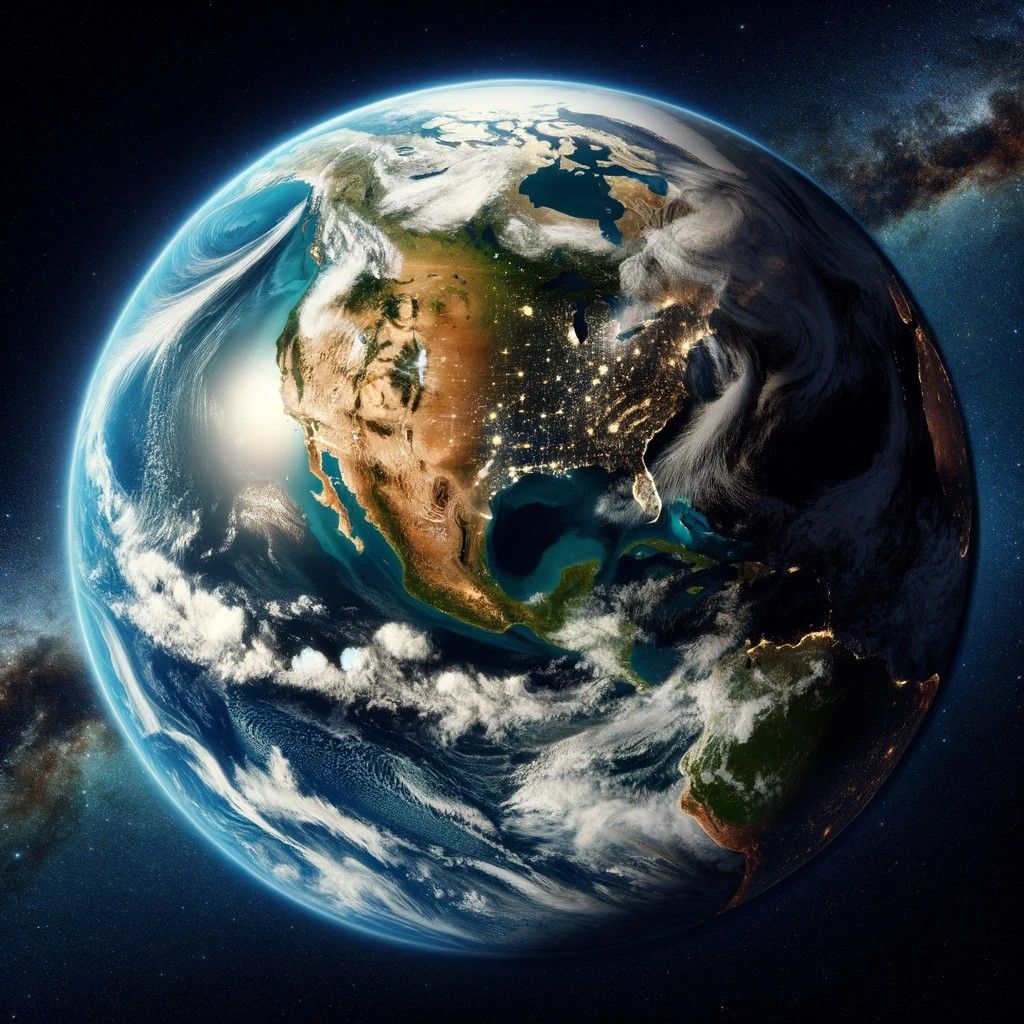 Worldwide view of the Earth from space. This perspective captures the planet in its entirety, showcasing continents, oceans, and cloud formations with intricate detail.