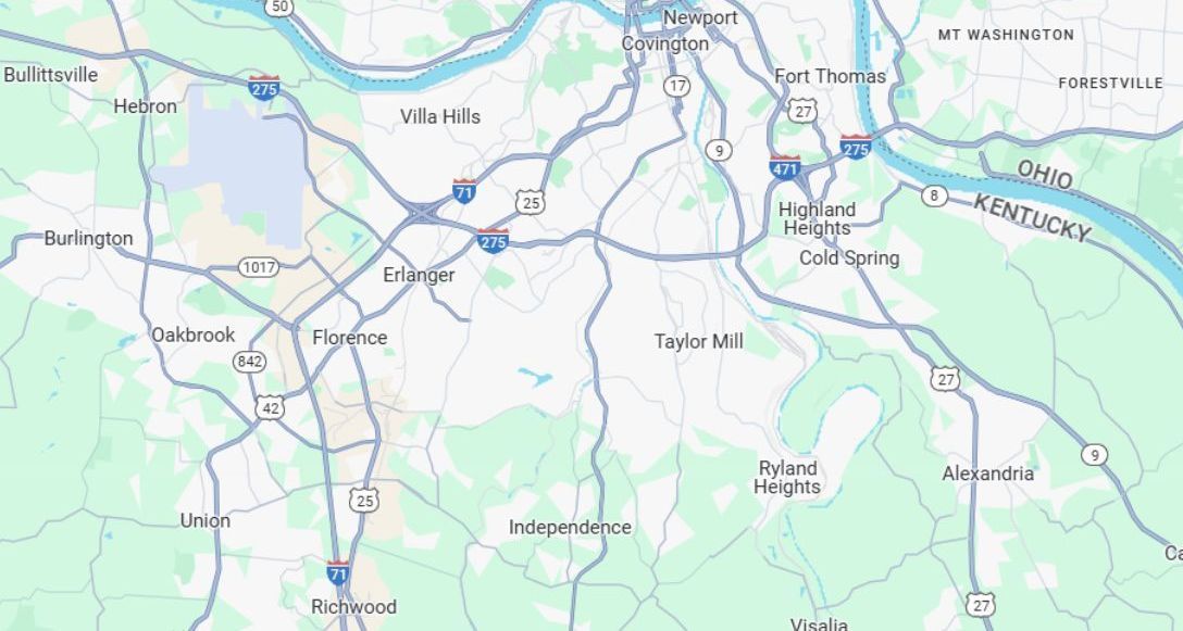 Map showing the service areas of Covington Electrician Services. 