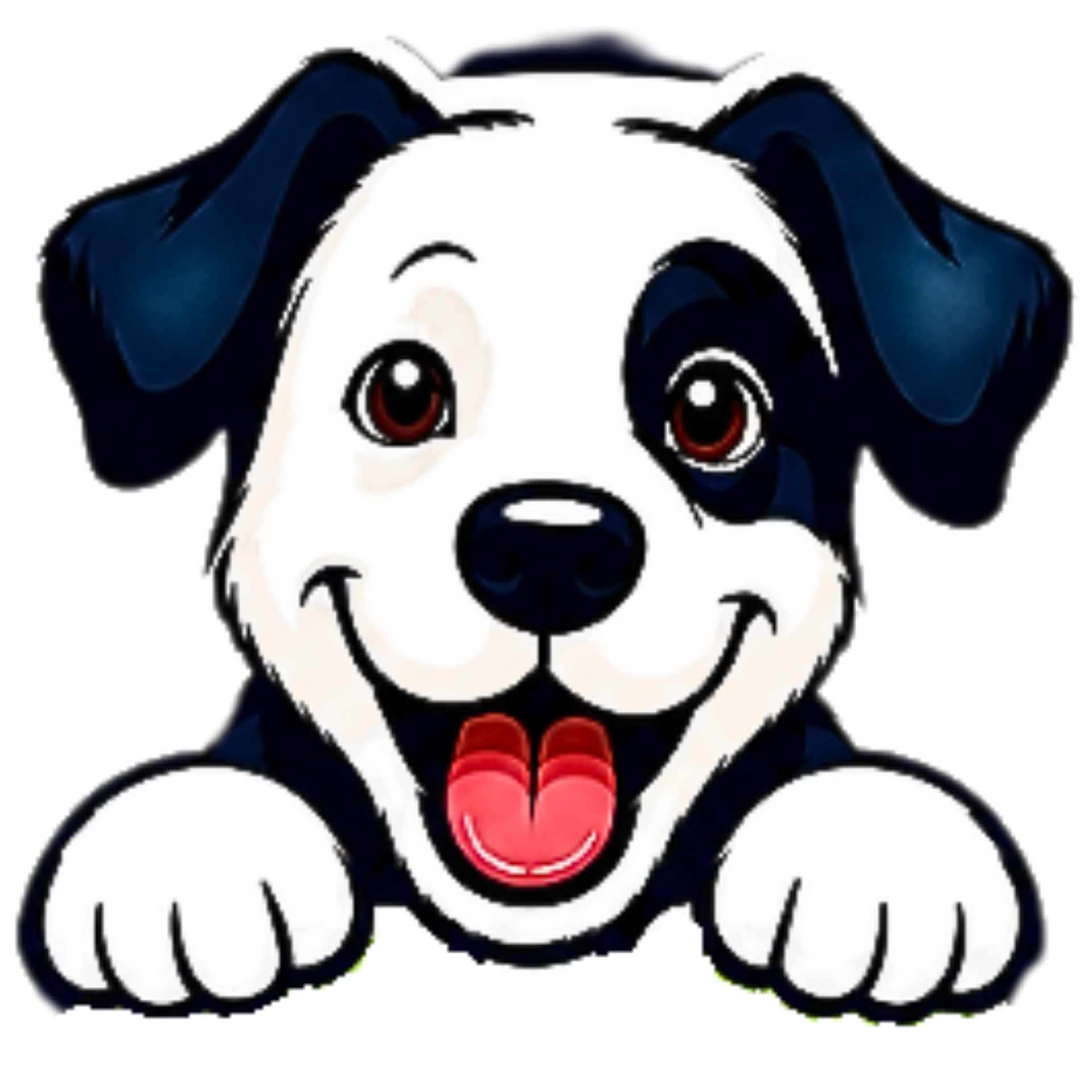 Cartoon puppy with black ears, white fur, and a happy open mouth, peeking over a ledge.